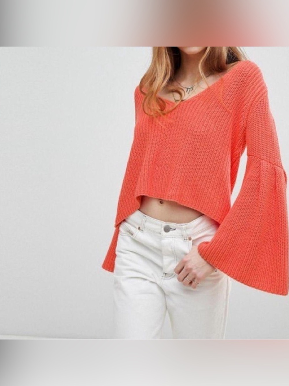 Free People Size Damsel Bell Sleeve Sweater - Coral